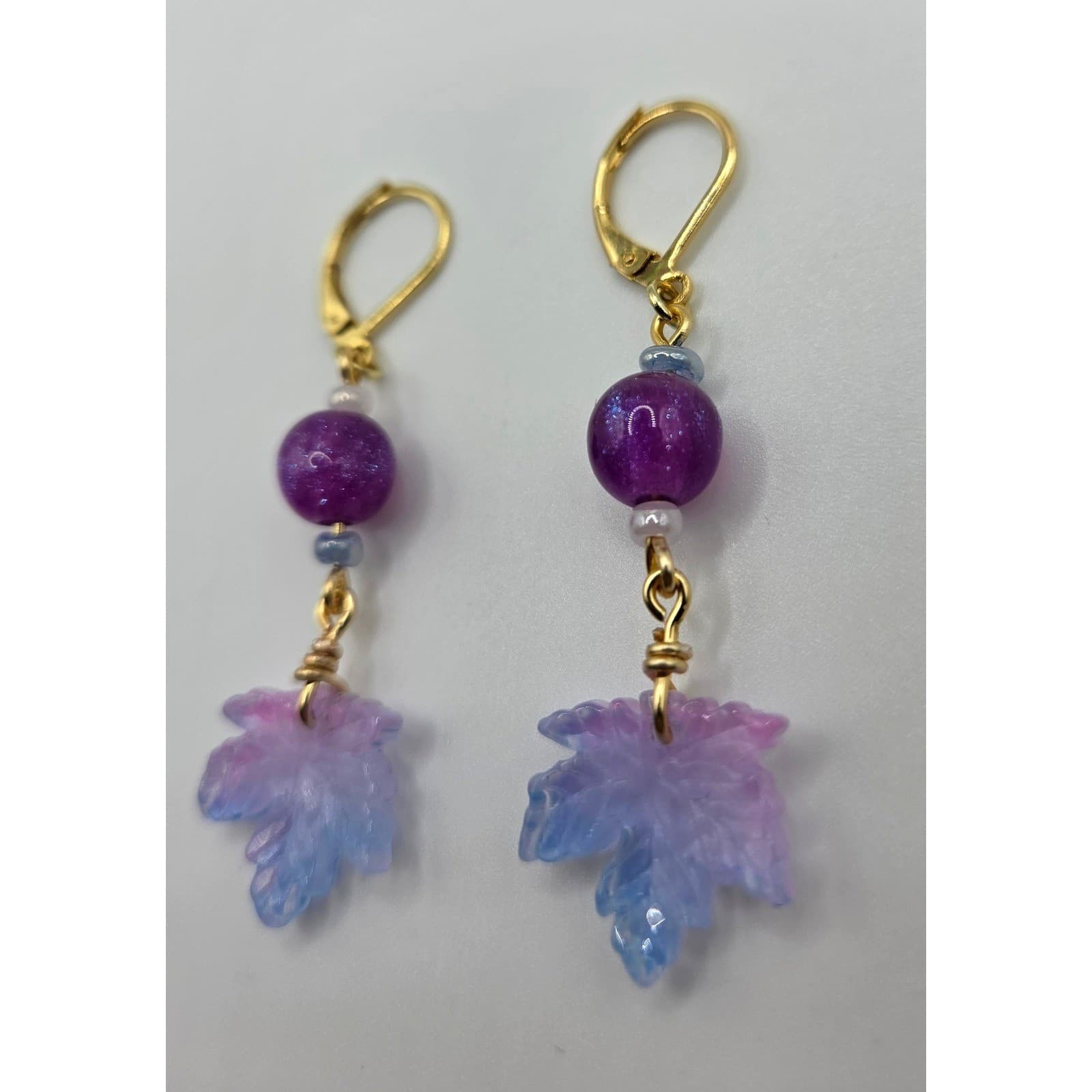Handmade Earrings Purple Blue Ombre Leaf Gold Tone Drop Dangle Leverback - Thumbnail 2