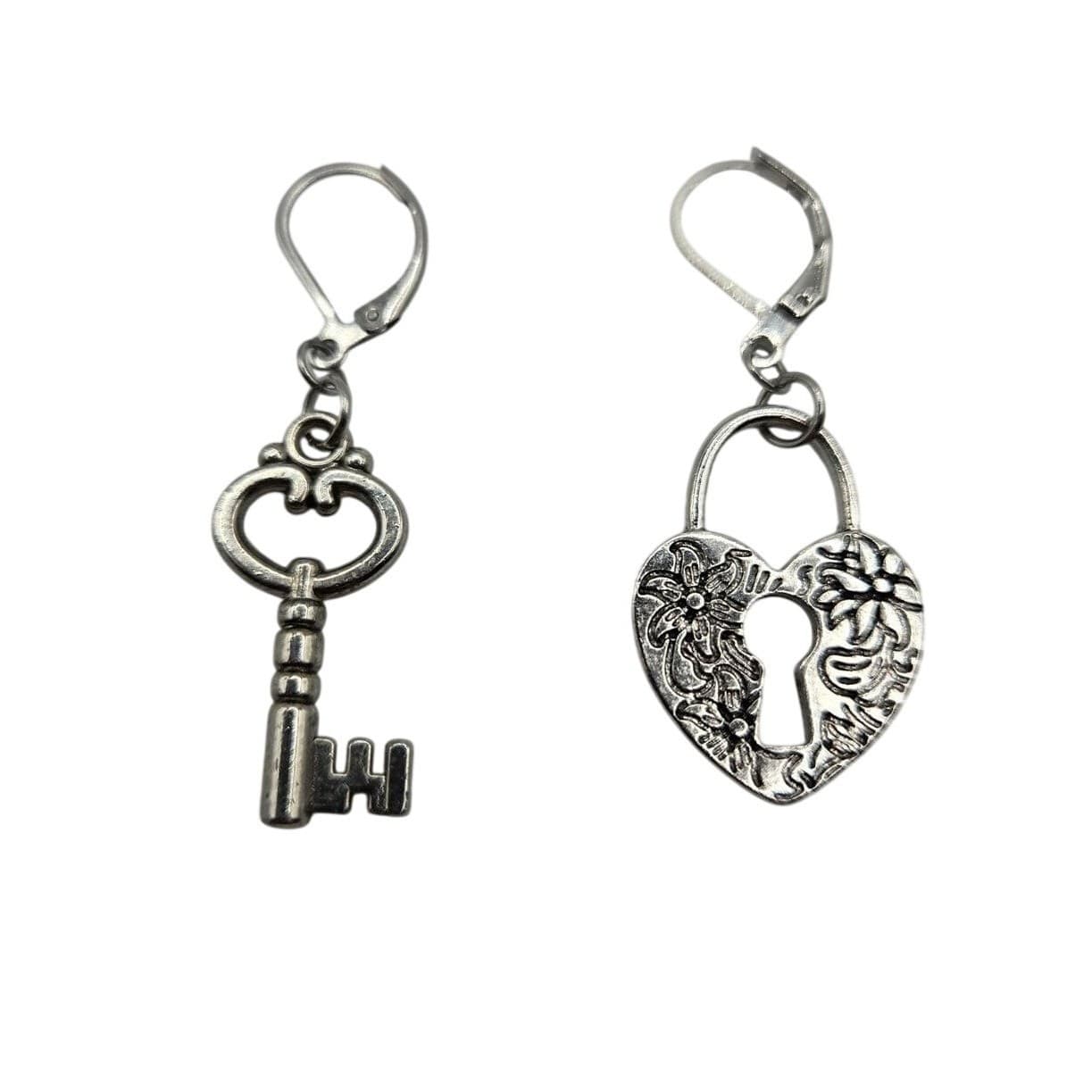 Handmade Lock and Key Earrings Whimsy Silver Tone Leverback Heart Skeleton Key - Thumbnail 4