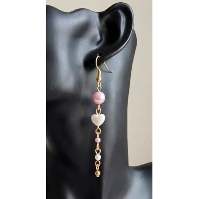 Handmade Earrings Gold Pink Faux Pearl Heart Drop Dangle Pearlcore - Thumbnail 2