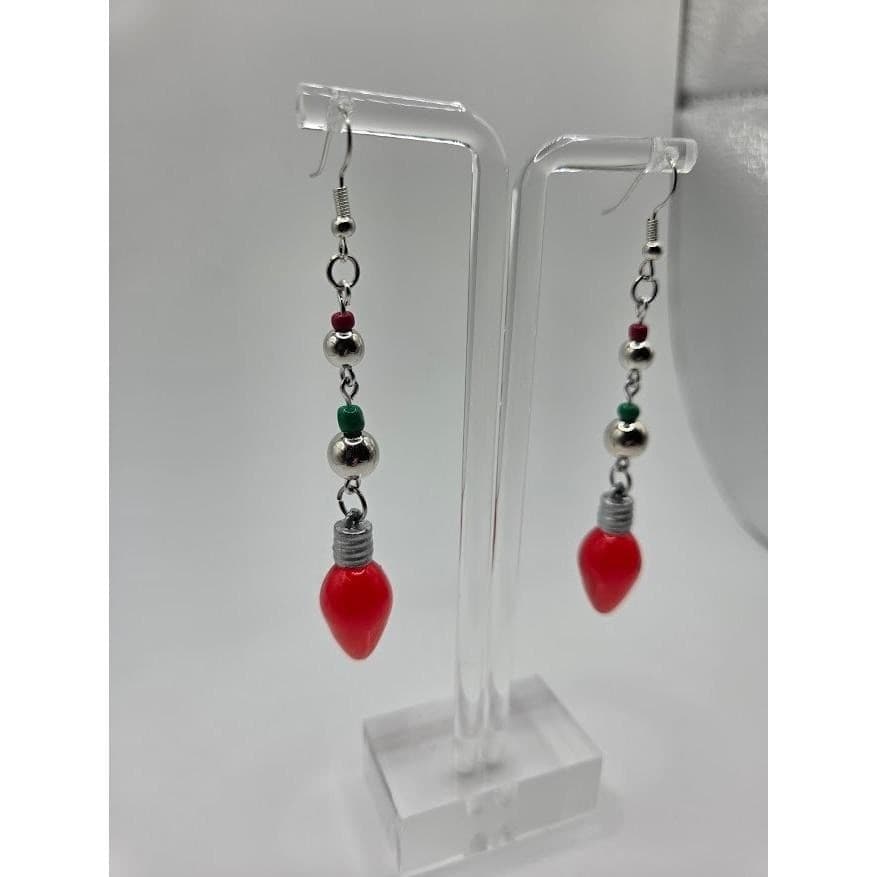 Handmade Earrings Red Christmas Light Bulb Dangle Holiday Jewelry - Thumbnail 2