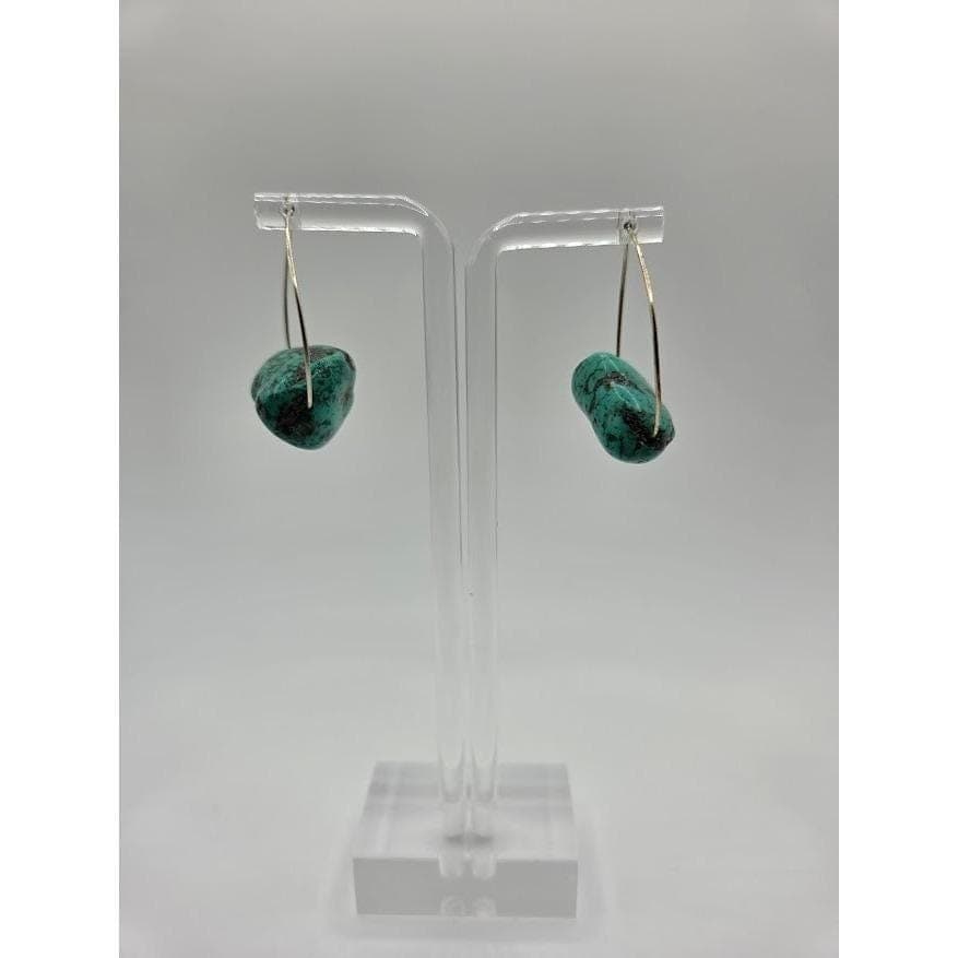 Hoop Earrings Vintage Boho Natural Stone Turquoise Colored Nugget Handmade - Thumbnail 2