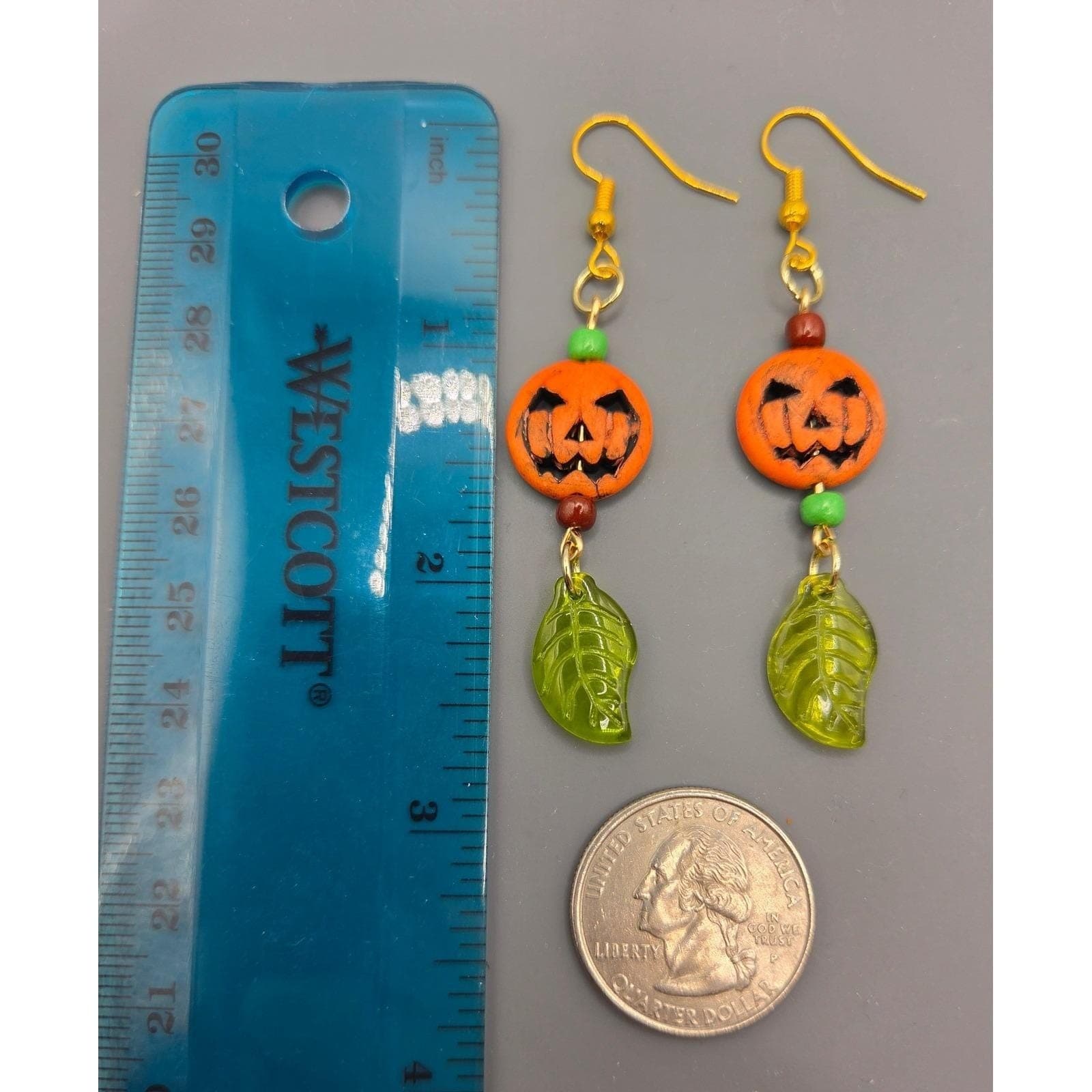 Handmade Earrings Gold Toned Pumpkin Jack-O-Lantern Drop Dangle Halloween - Thumbnail 5