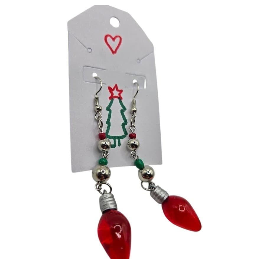 Handmade Earrings Red Christmas Light Bulb Dangle Holiday Jewelry - Thumbnail 3
