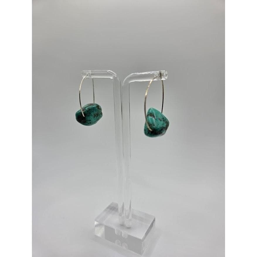 Hoop Earrings Vintage Boho Natural Stone Turquoise Colored Nugget Handmade - Thumbnail 4