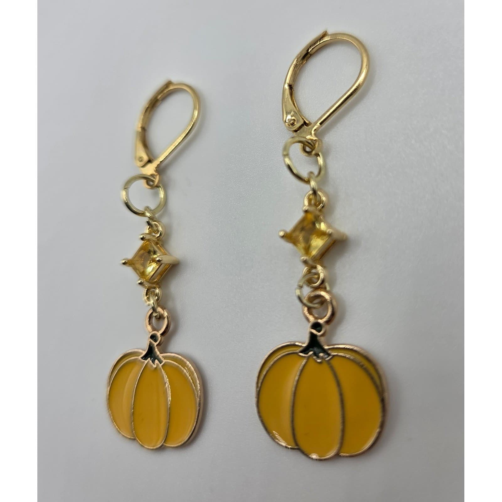 Handmade Earrings Yellow Enamel Pumpkin Gold Tone Gem Fall Leverback - Thumbnail 2