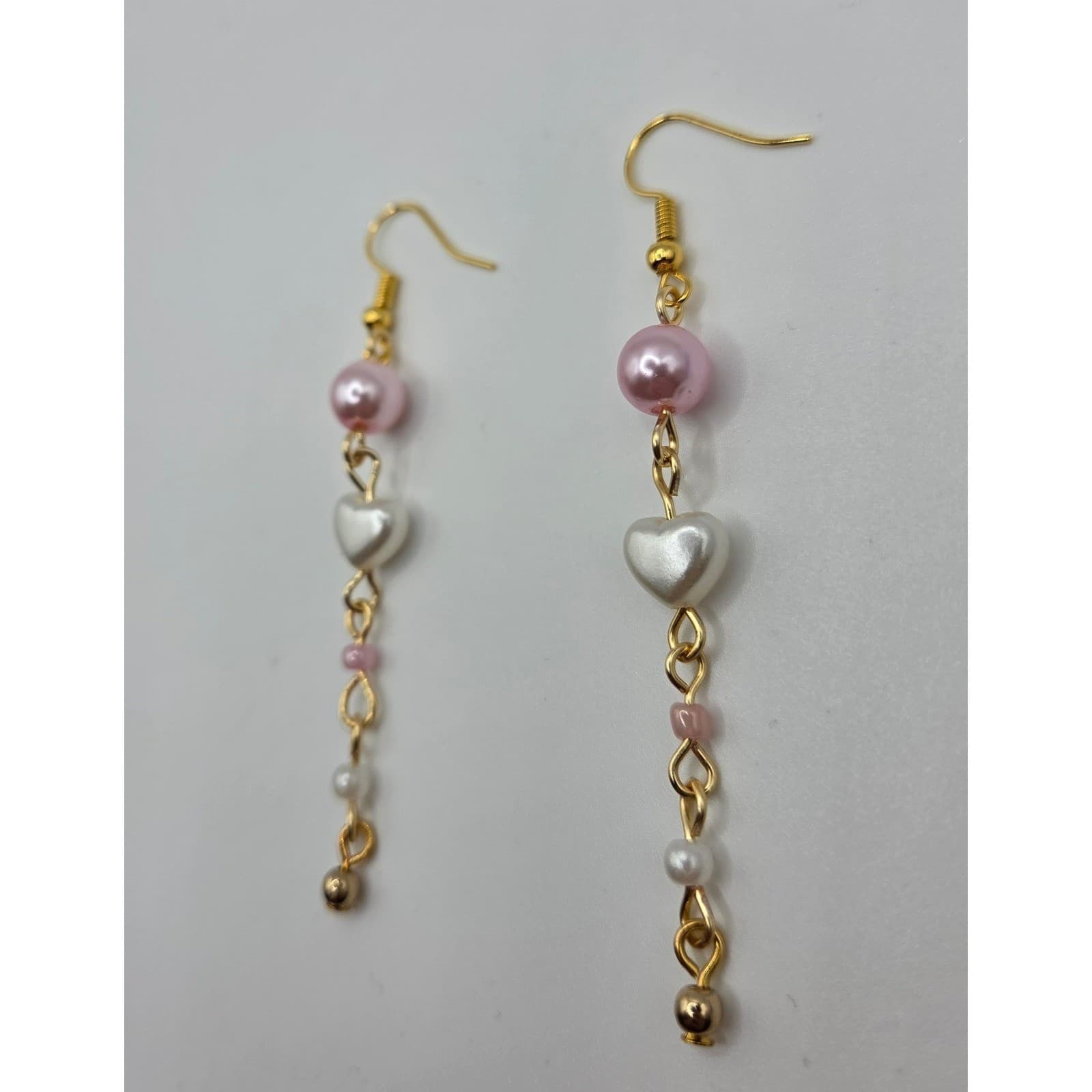 Handmade Earrings Gold Pink Faux Pearl Heart Drop Dangle Pearlcore - Thumbnail 6