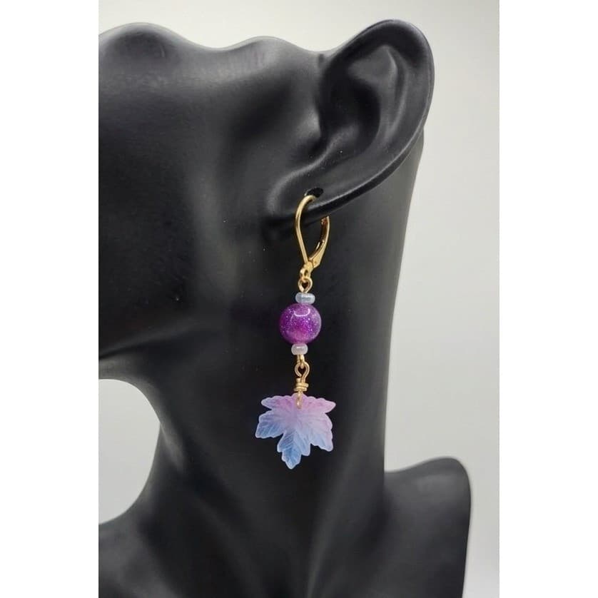 Handmade Earrings Purple Blue Ombre Leaf Gold Tone Drop Dangle Leverback - Thumbnail 3