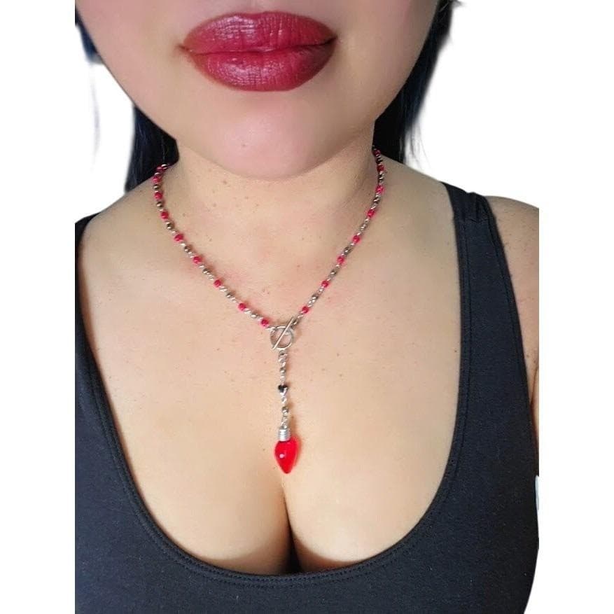 Handmade Necklace Y-Shape Rosary Red Silver Bead Christmas Light Charm # Festive - Thumbnail 4