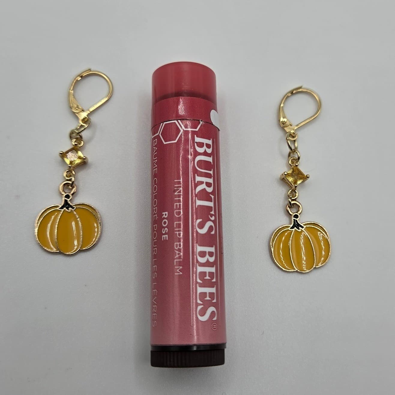 Handmade Earrings Yellow Enamel Pumpkin Gold Tone Gem Fall Leverback - Thumbnail 4