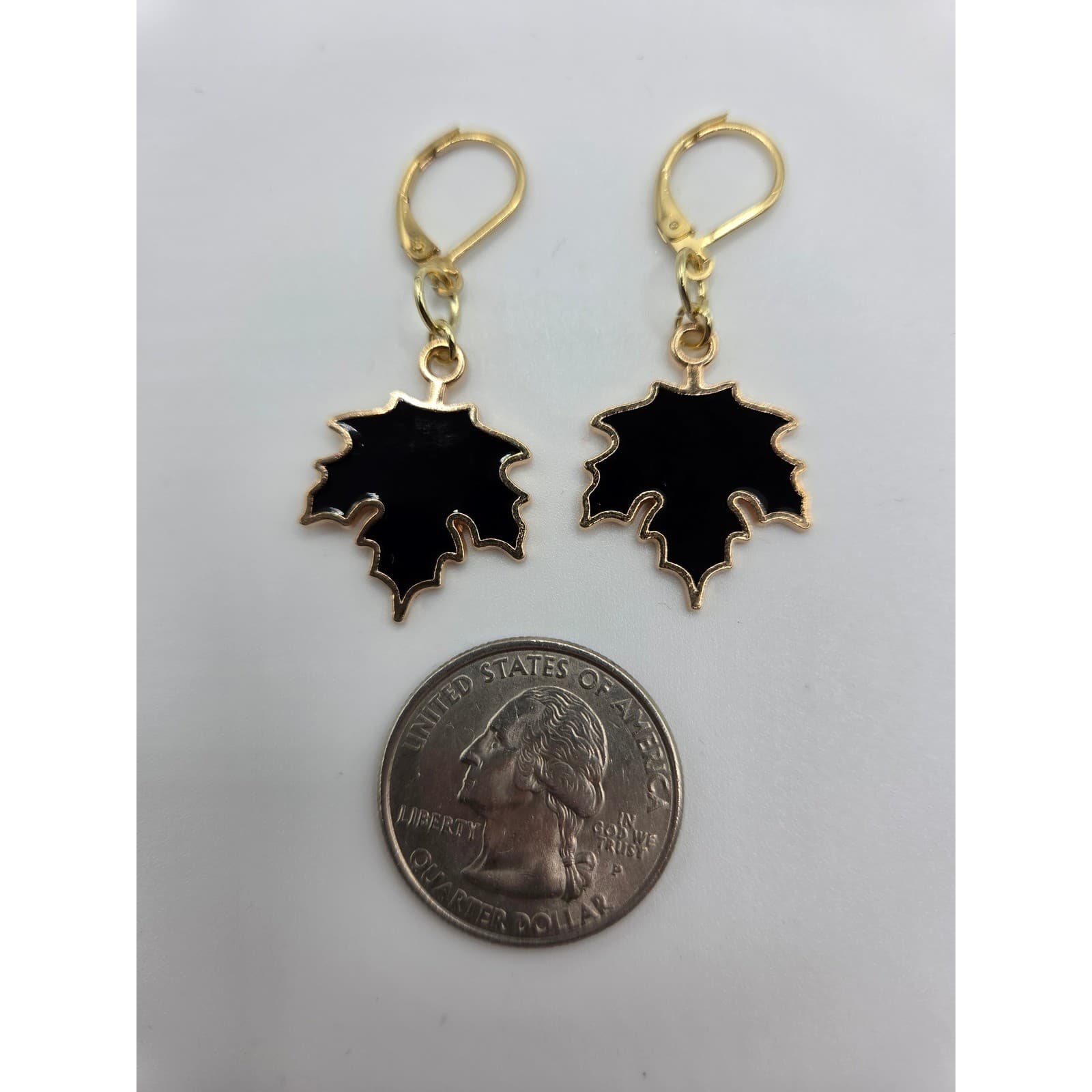 Handmade Earrings Gold Toned Black Fall Goth Leaf Leverback Stainless Steel - Thumbnail 6