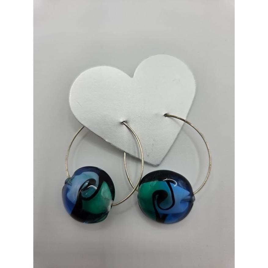 Handmade Hoop Earrings Artisan Glass Lampwork Blue Green Swirl Minimalist - Thumbnail 4
