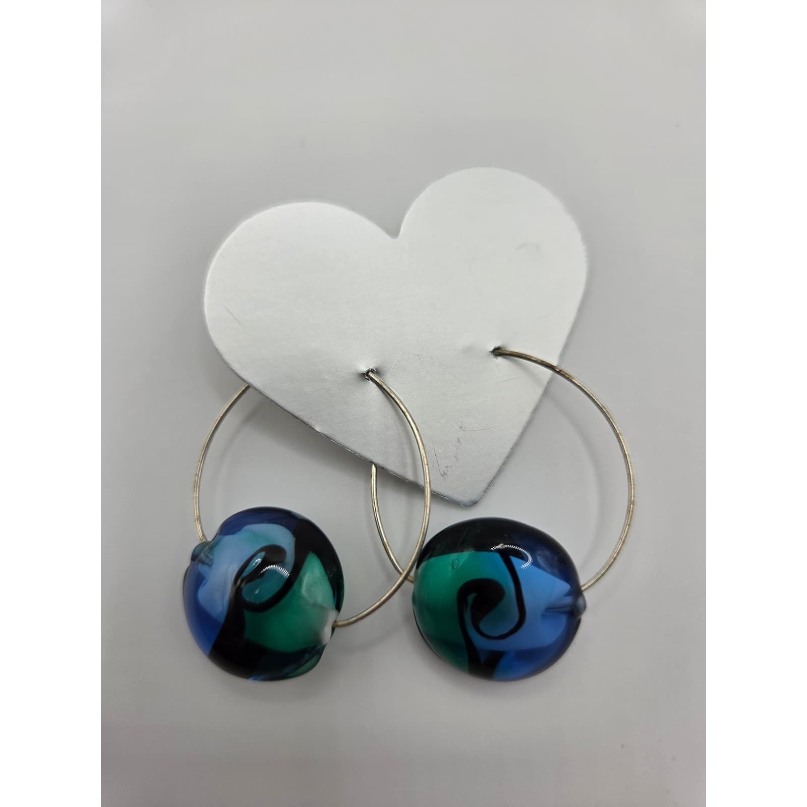 Handmade Hoop Earrings Artisan Glass Lampwork Blue Green Swirl Minimalist - Thumbnail 2