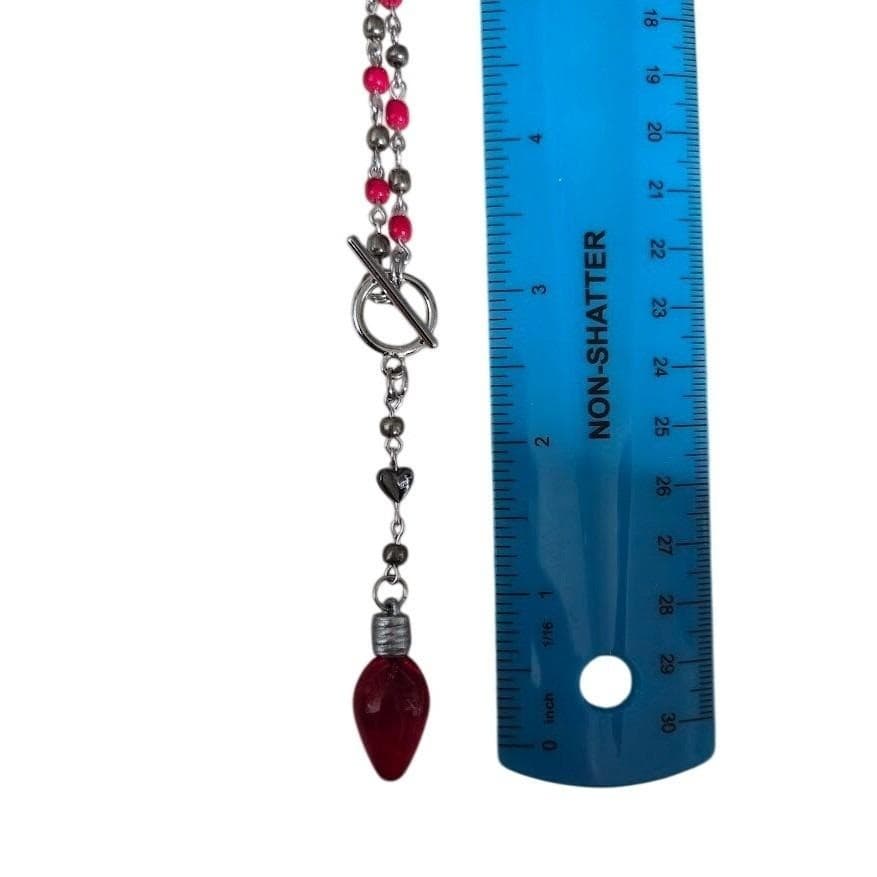 Handmade Necklace Y-Shape Rosary Red Silver Bead Christmas Light Charm # Festive - Thumbnail 7