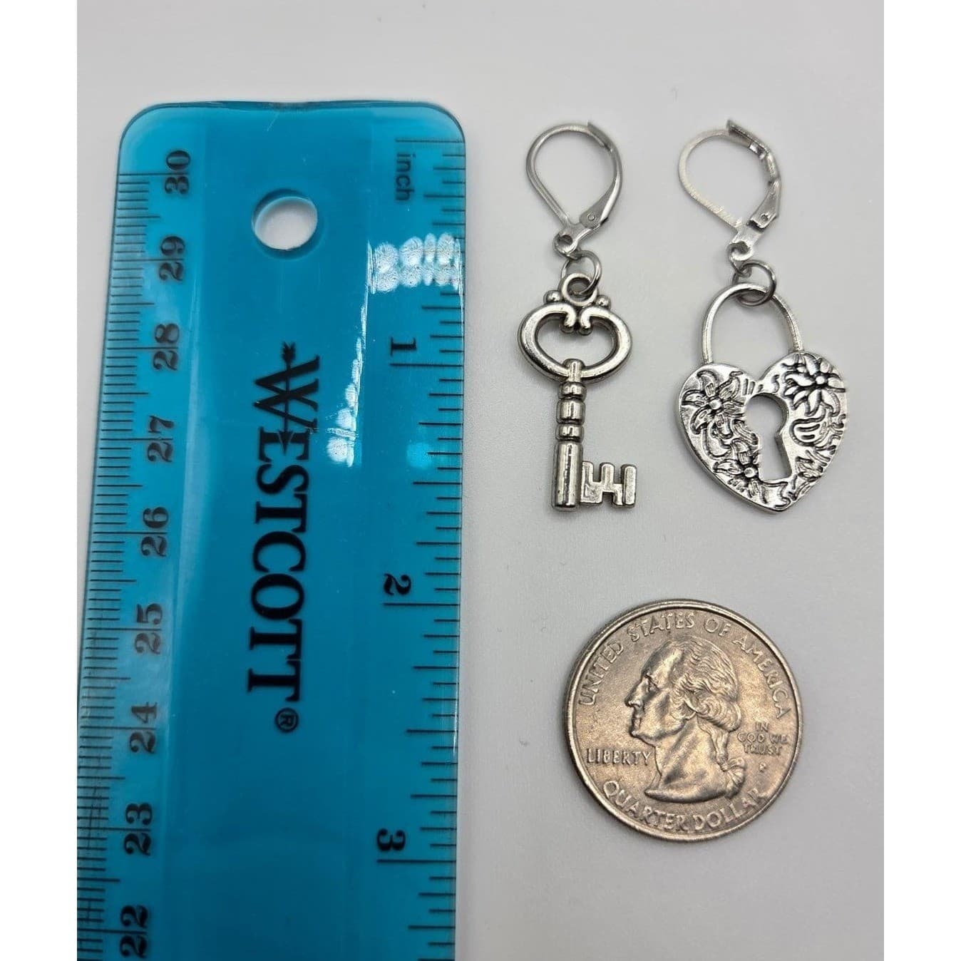 Handmade Lock and Key Earrings Whimsy Silver Tone Leverback Heart Skeleton Key - Thumbnail 3