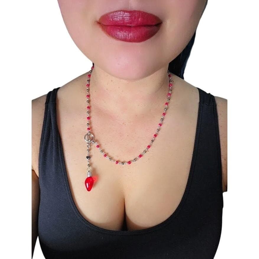 Handmade Necklace Y-Shape Rosary Red Silver Bead Christmas Light Charm # Festive - Thumbnail 2