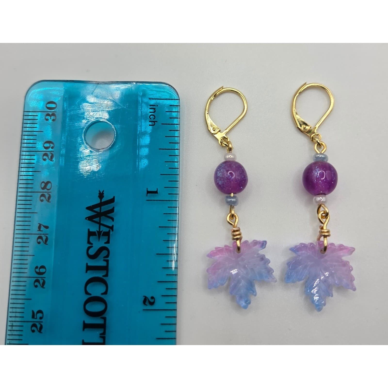 Handmade Earrings Purple Blue Ombre Leaf Gold Tone Drop Dangle Leverback - Thumbnail 4