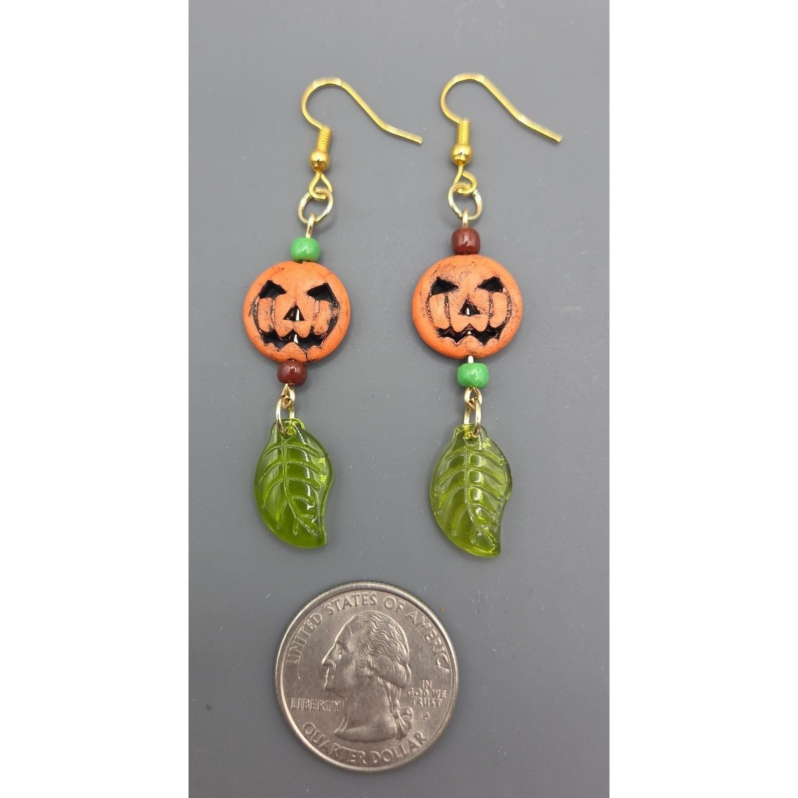 Handmade Earrings Gold Toned Pumpkin Jack-O-Lantern Drop Dangle Halloween - Thumbnail 4