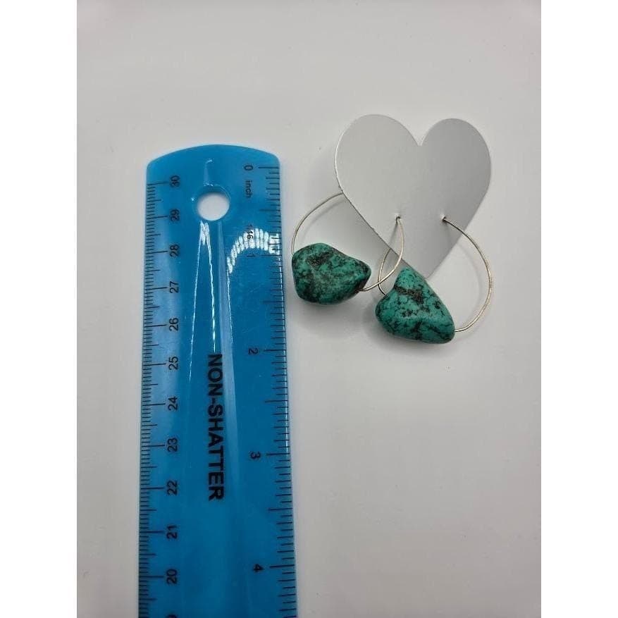 Hoop Earrings Vintage Boho Natural Stone Turquoise Colored Nugget Handmade - Thumbnail 3