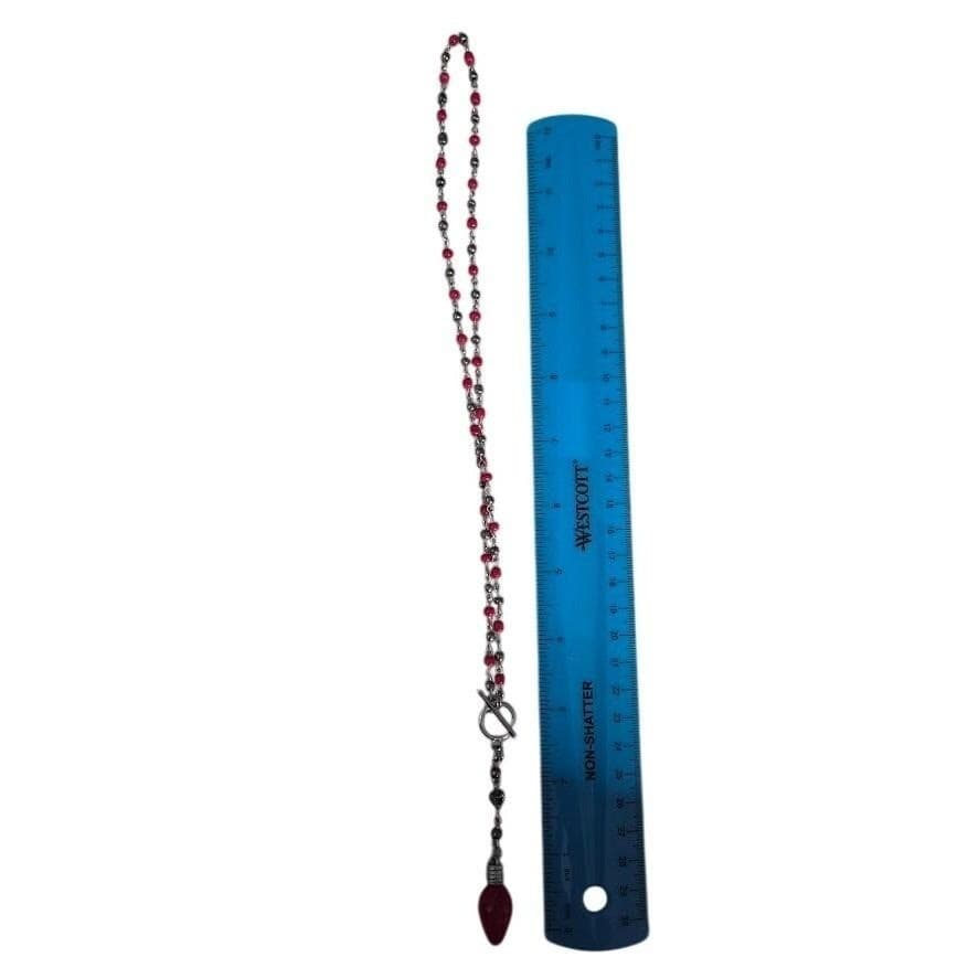 Handmade Necklace Y-Shape Rosary Red Silver Bead Christmas Light Charm # Festive - Thumbnail 6
