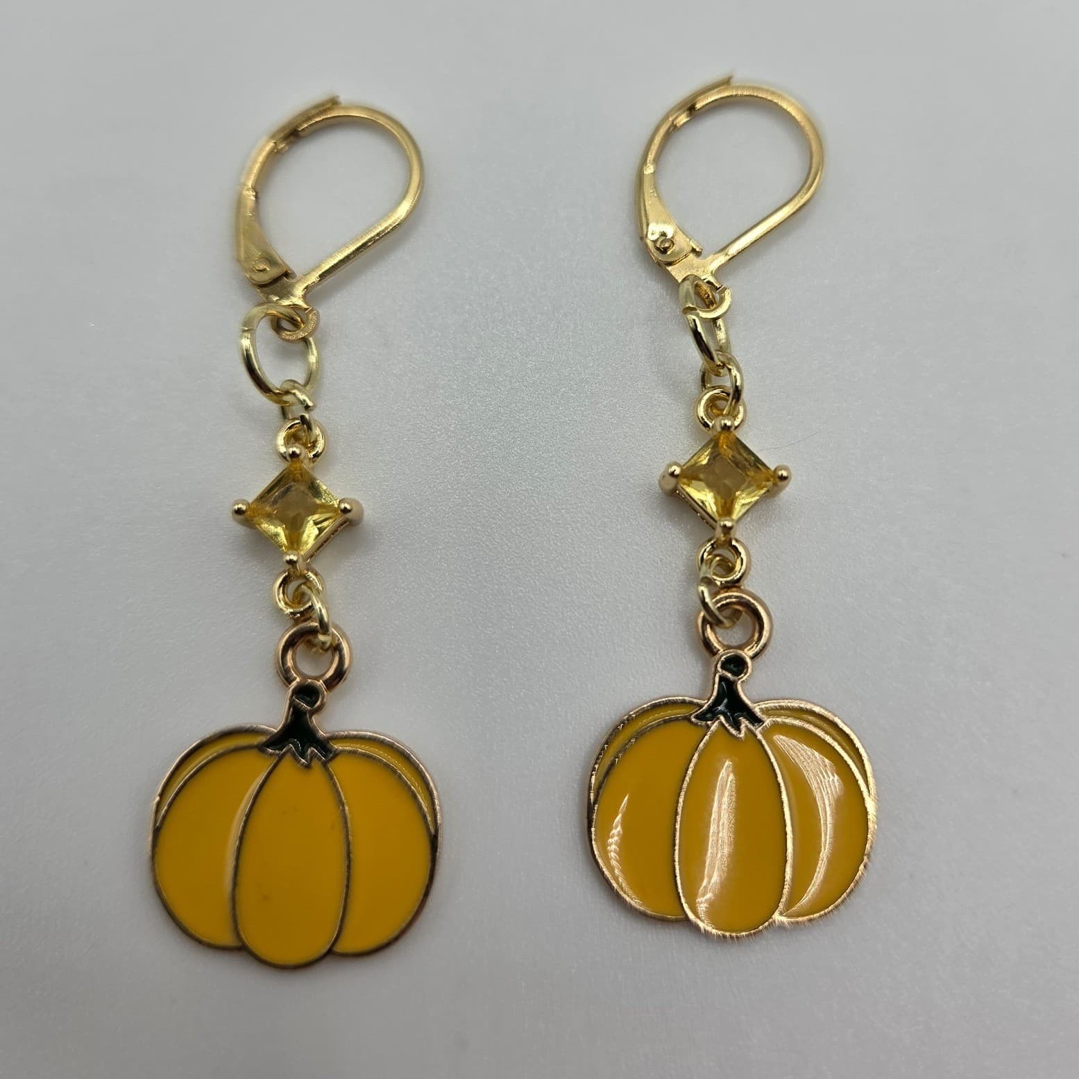 Handmade Earrings Yellow Enamel Pumpkin Gold Tone Gem Fall Leverback - Thumbnail 3