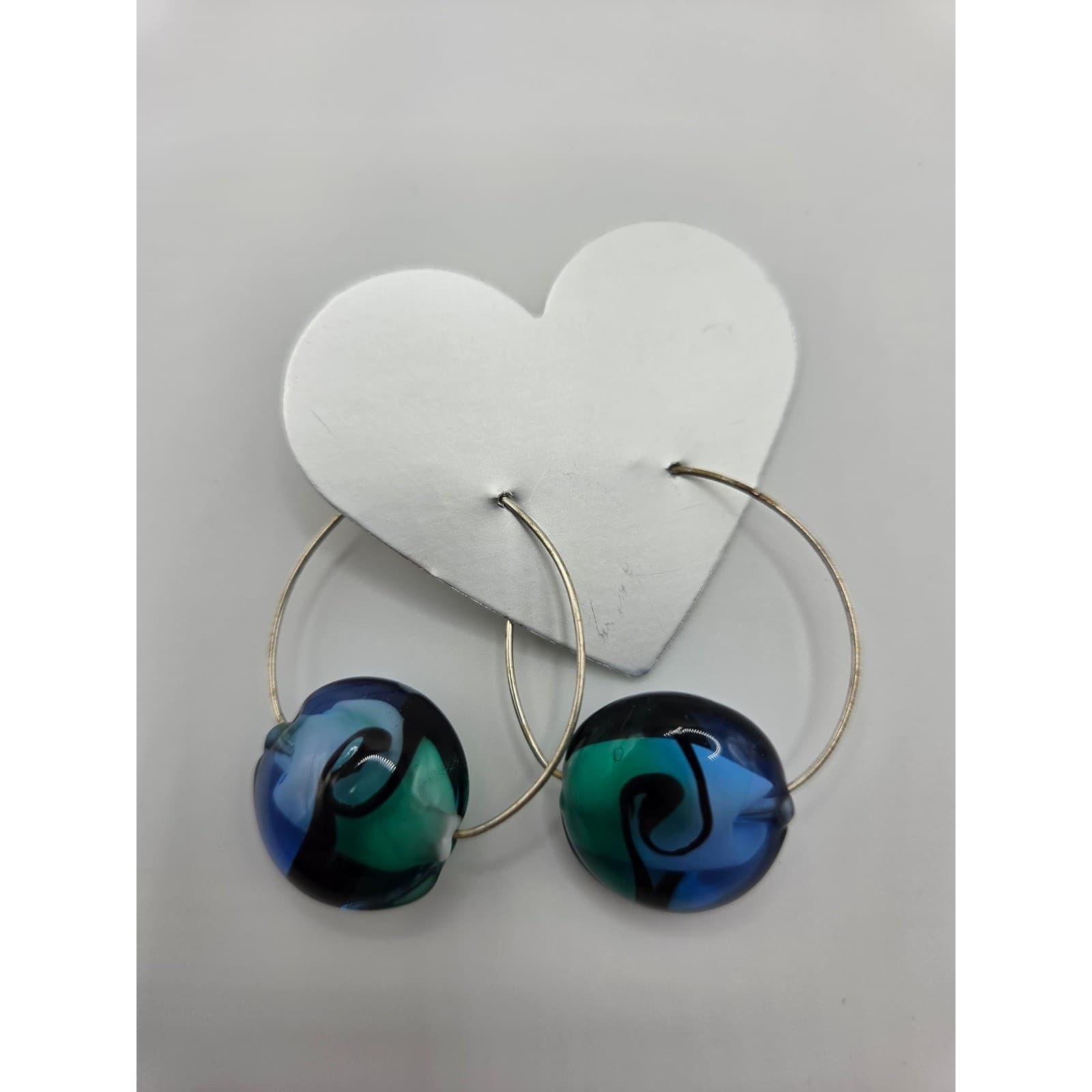 Handmade Hoop Earrings Artisan Glass Lampwork Blue Green Swirl Minimalist - Thumbnail 7
