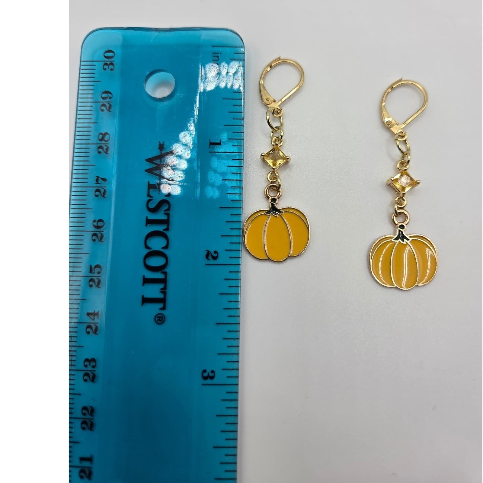 Handmade Earrings Yellow Enamel Pumpkin Gold Tone Gem Fall Leverback - Thumbnail 5