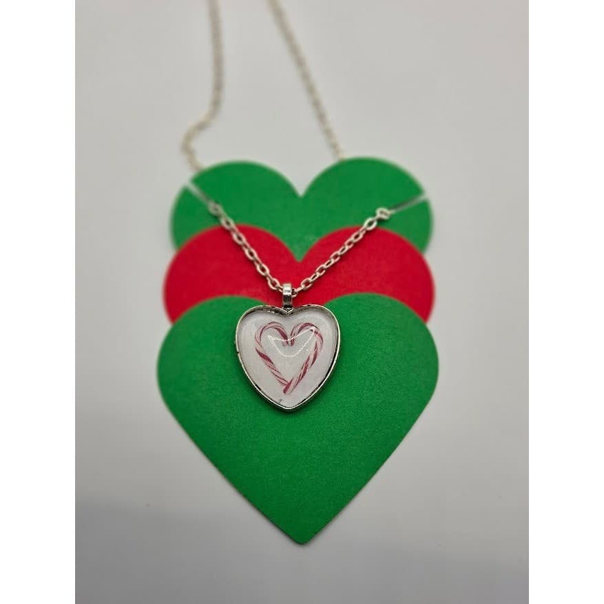 Handmade Necklace Silver Heart Candy Cane Christmas Pendant 21" Stainless Steel - Thumbnail 3
