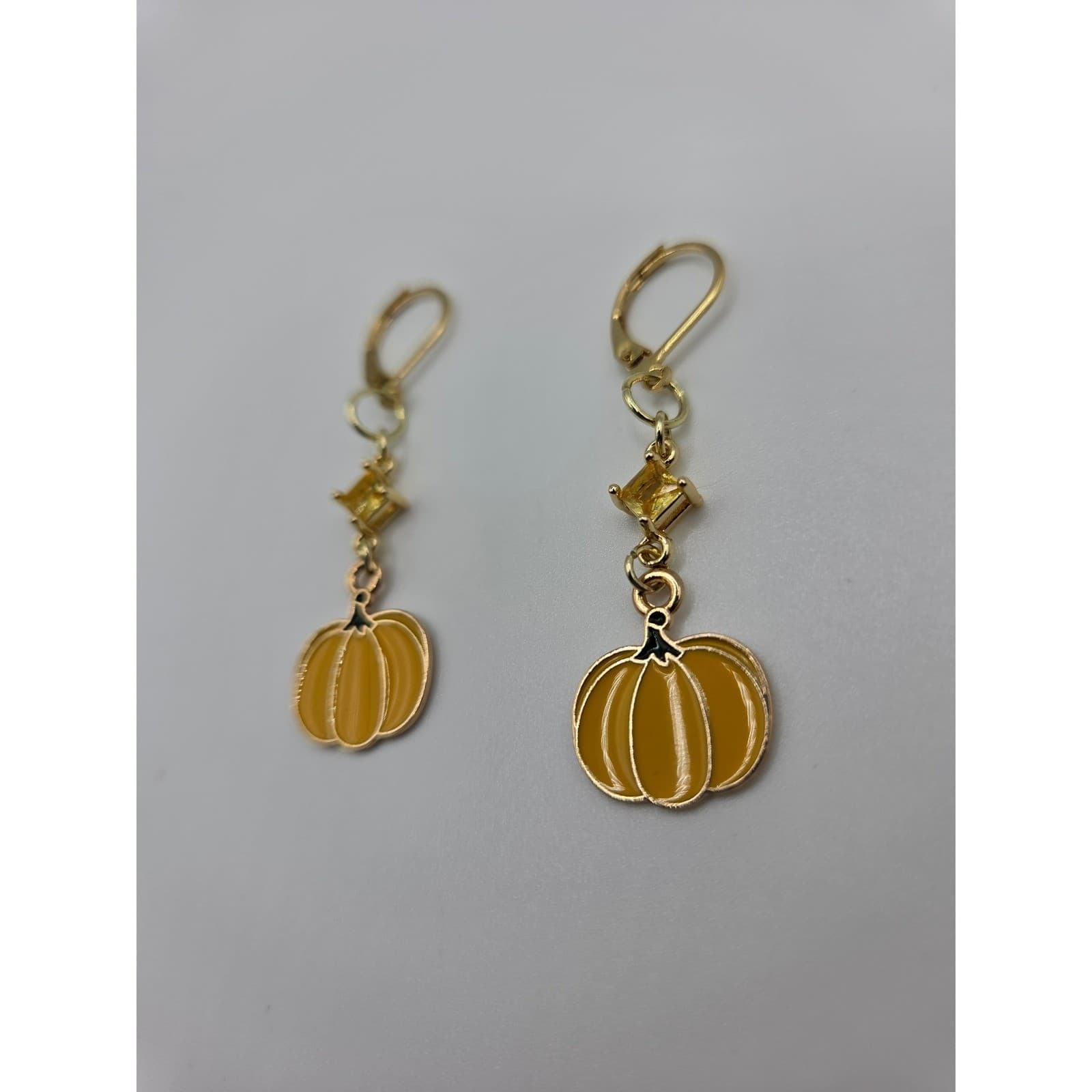 Handmade Earrings Yellow Enamel Pumpkin Gold Tone Gem Fall Leverback - Thumbnail 7