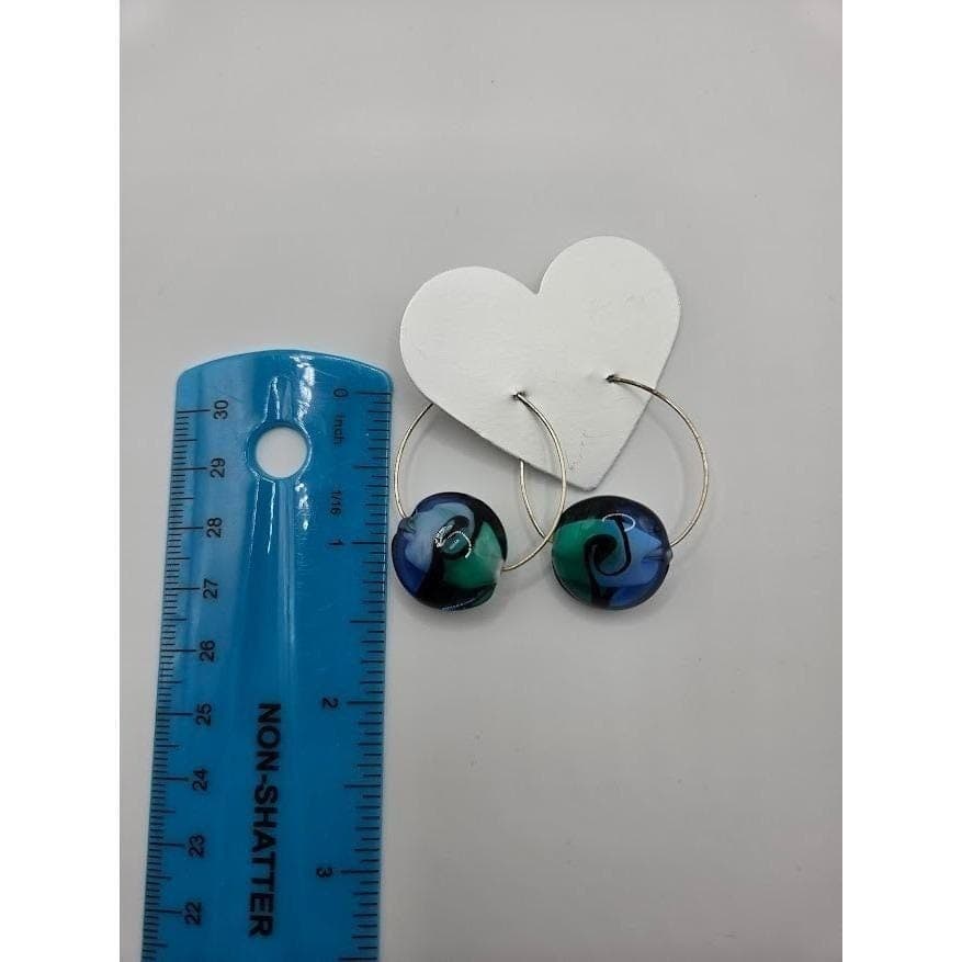 Handmade Hoop Earrings Artisan Glass Lampwork Blue Green Swirl Minimalist - Thumbnail 3