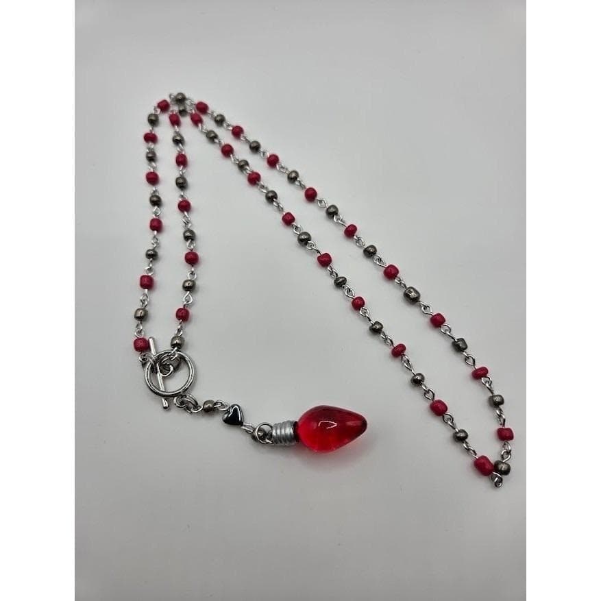 Handmade Necklace Y-Shape Rosary Red Silver Bead Christmas Light Charm # Festive - Thumbnail 3