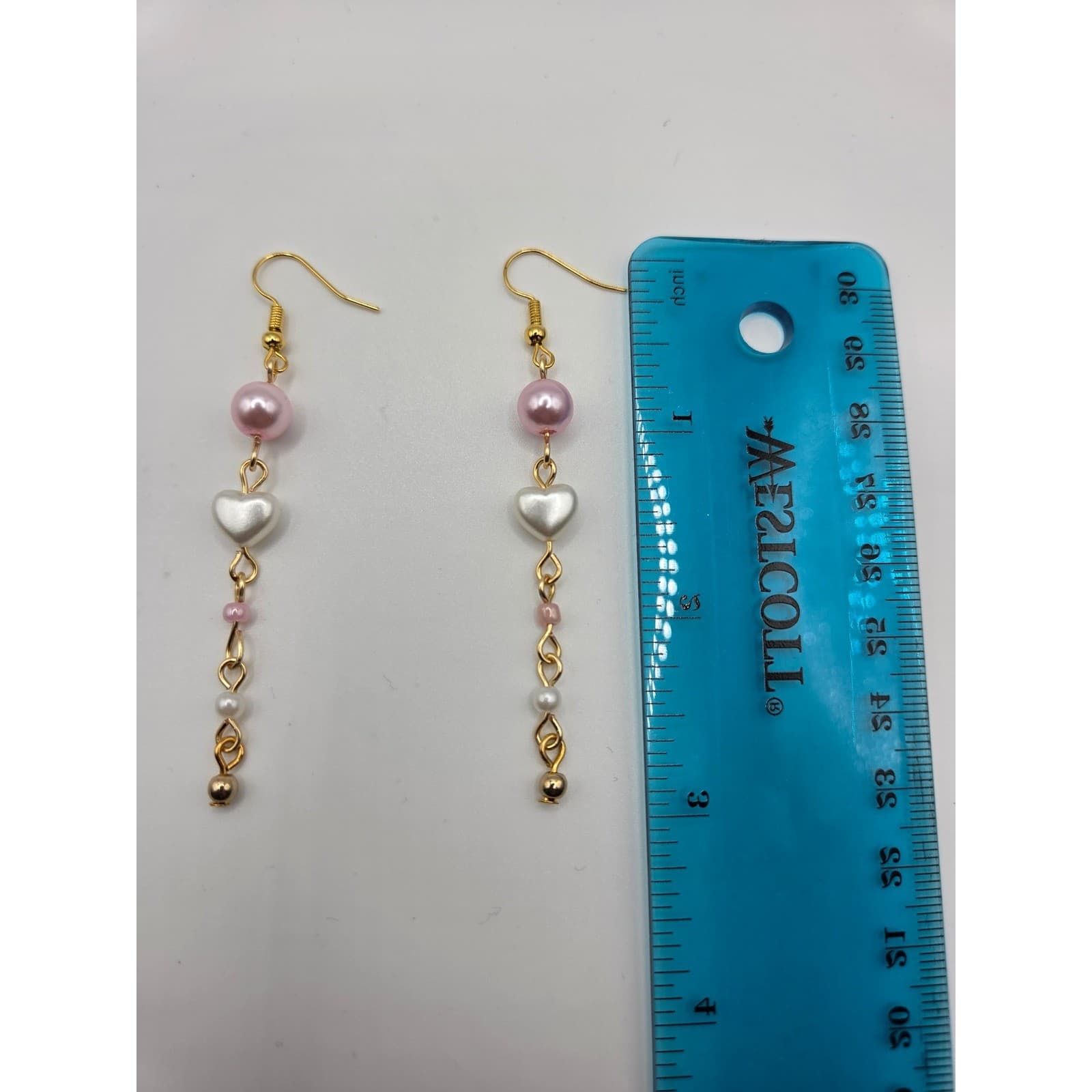 Handmade Earrings Gold Pink Faux Pearl Heart Drop Dangle Pearlcore - Thumbnail 7
