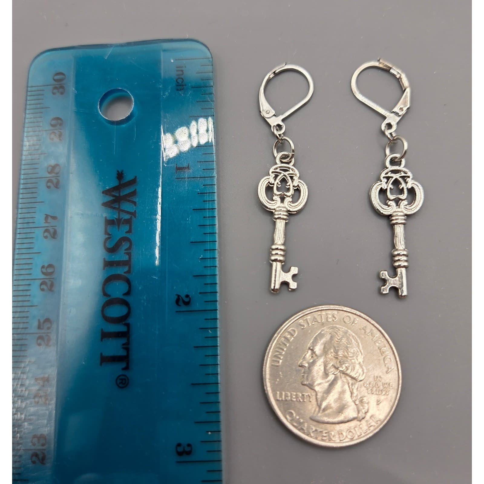 Handmade Earrings Silver Tone Whimsical Skeleton Key Stainless Steel Leverback - Thumbnail 4