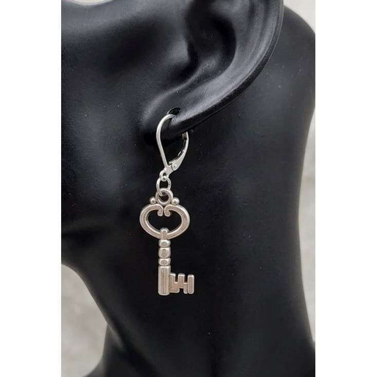 Handmade Earrings Silver Tone Whimsical Heart Lock and Key Hypoallergenic - Thumbnail 2