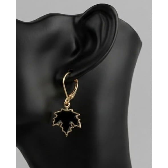 Handmade Earrings Gold Toned Black Fall Goth Leaf Leverback Stainless Steel - Thumbnail 3