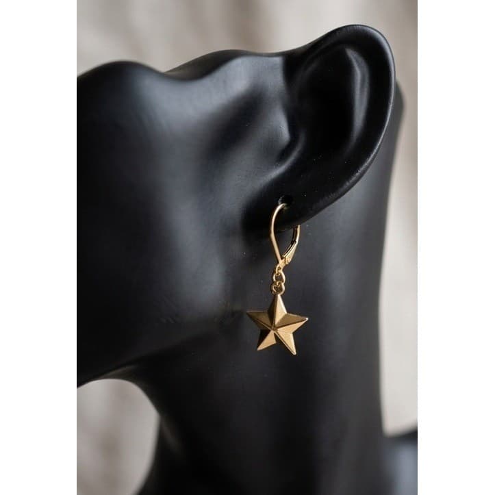 Handmade Earrings Crescent Moon and Star Leverback Celestial Gold Tone - Thumbnail 2