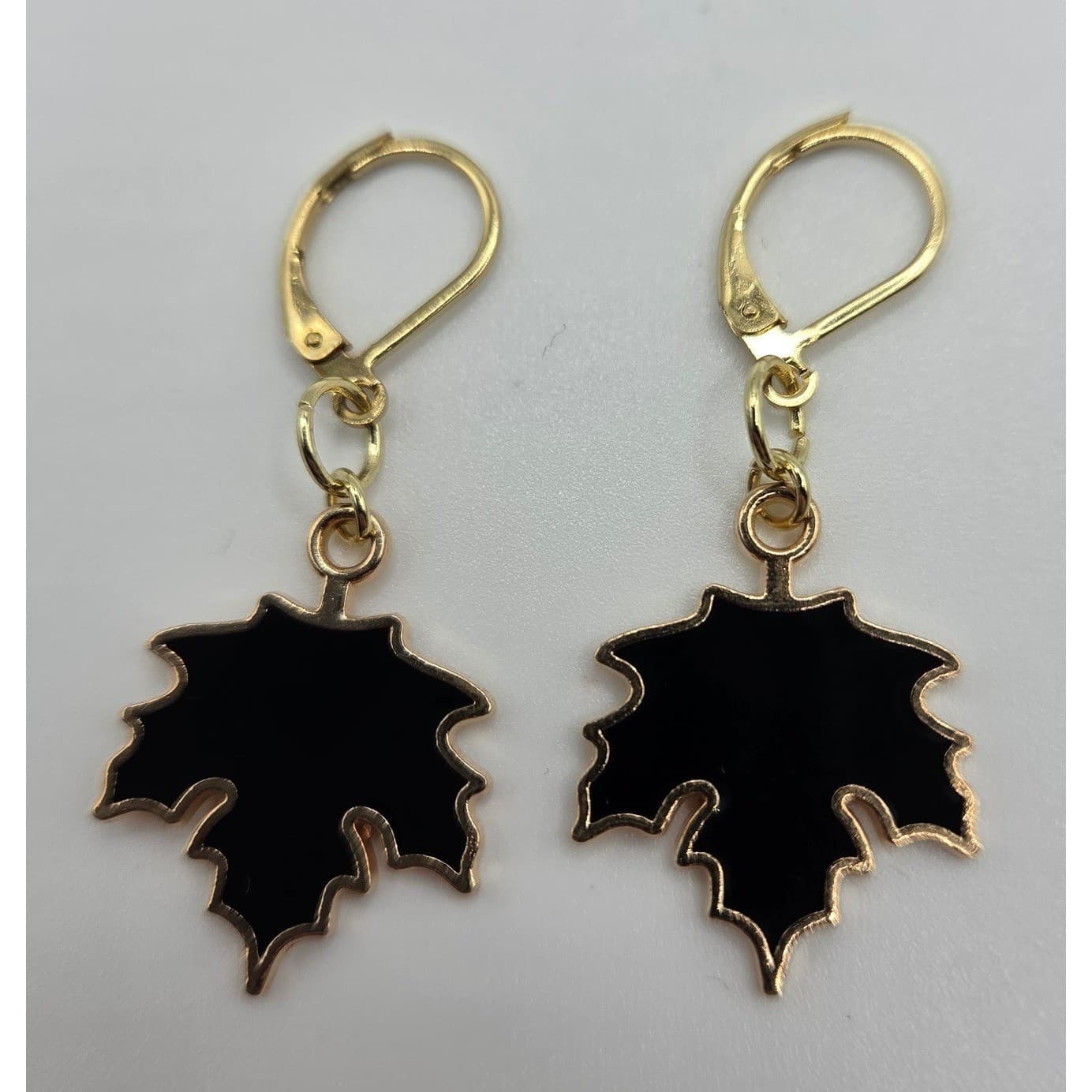 Handmade Earrings Gold Toned Black Fall Goth Leaf Leverback Stainless Steel - Thumbnail 4