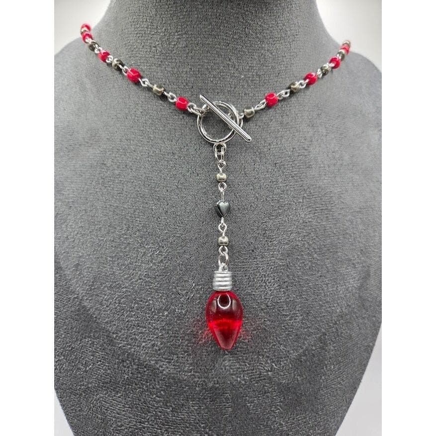 Handmade Necklace Y-Shape Rosary Red Silver Bead Christmas Light Charm # Festive - Thumbnail 5