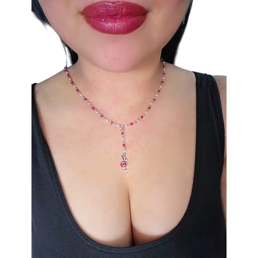 Handmade Necklace Red Faux Pearl Beaded Y-Shape Candy Cane Holiday # Festive - Thumbnail 2