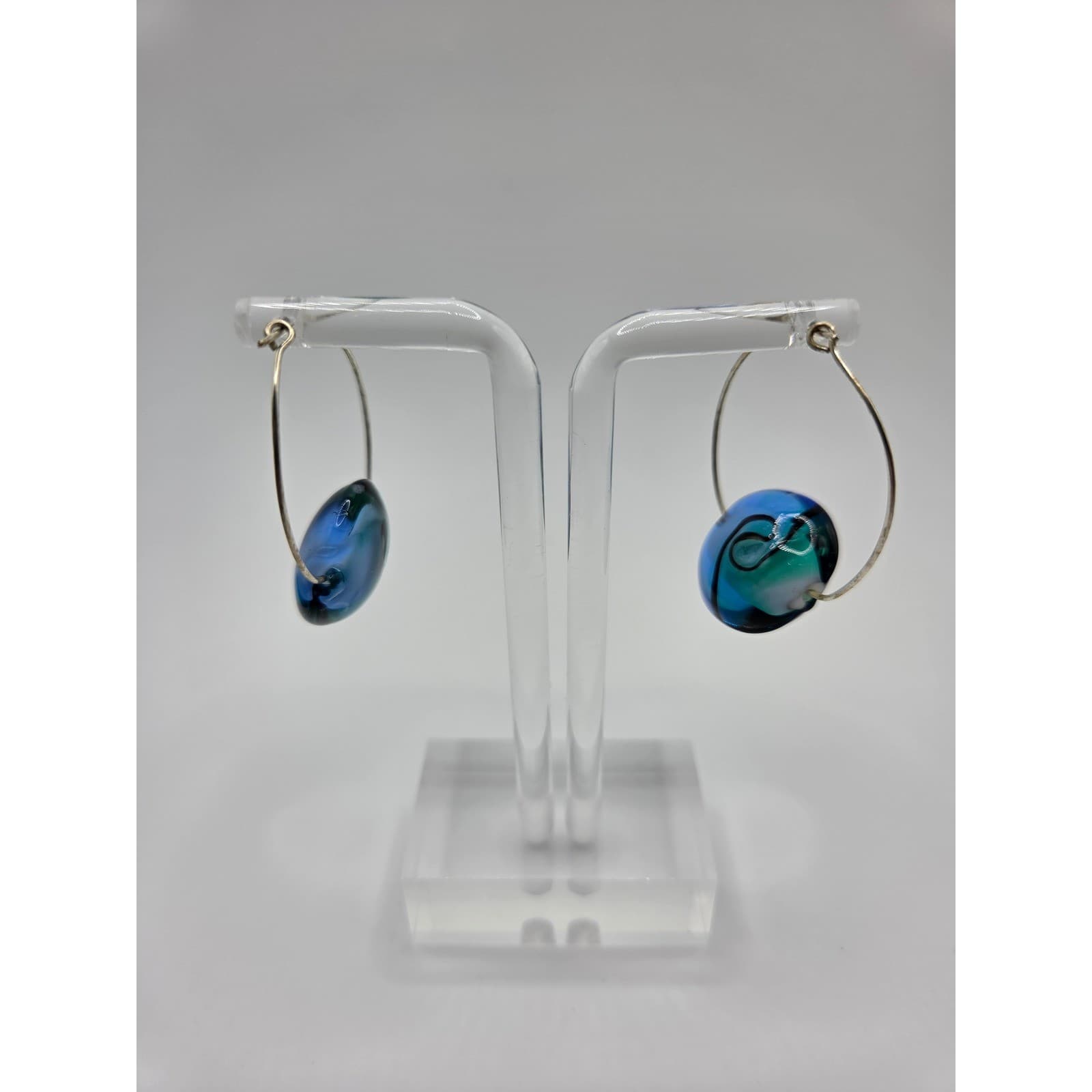 Handmade Hoop Earrings Artisan Glass Lampwork Blue Green Swirl Minimalist - Thumbnail 6