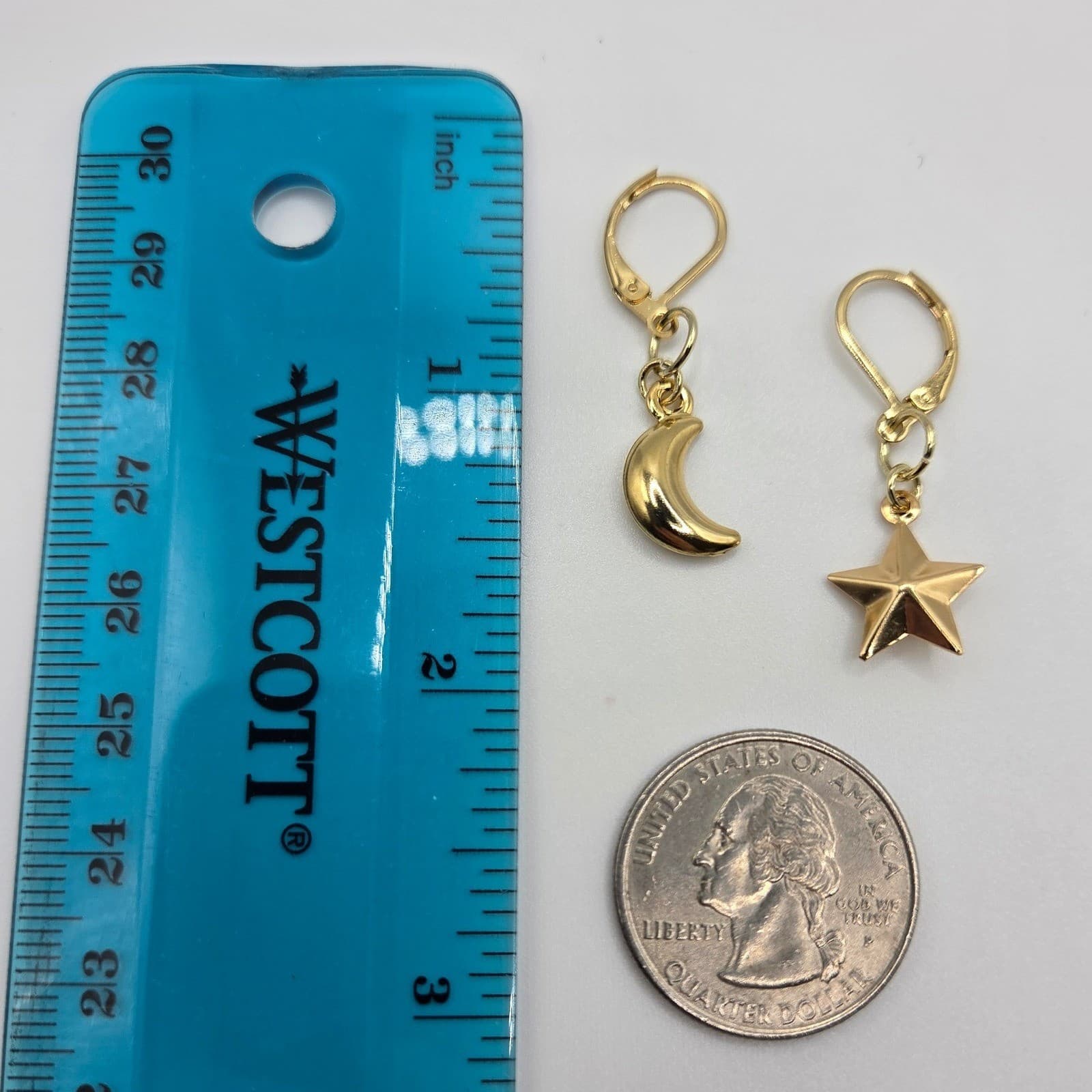 Handmade Earrings Crescent Moon and Star Leverback Celestial Gold Tone - Thumbnail 7