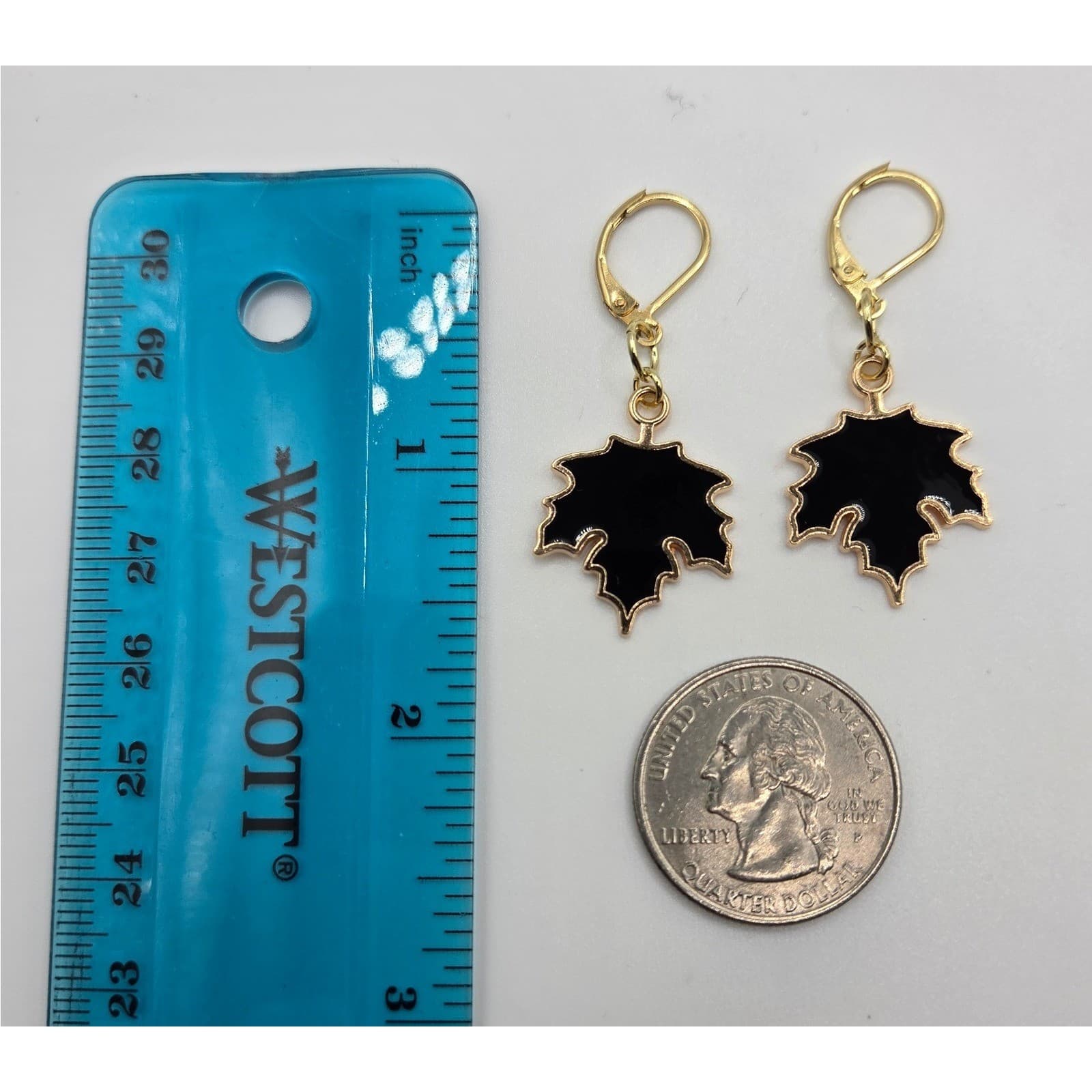 Handmade Earrings Gold Toned Black Fall Goth Leaf Leverback Stainless Steel - Thumbnail 7