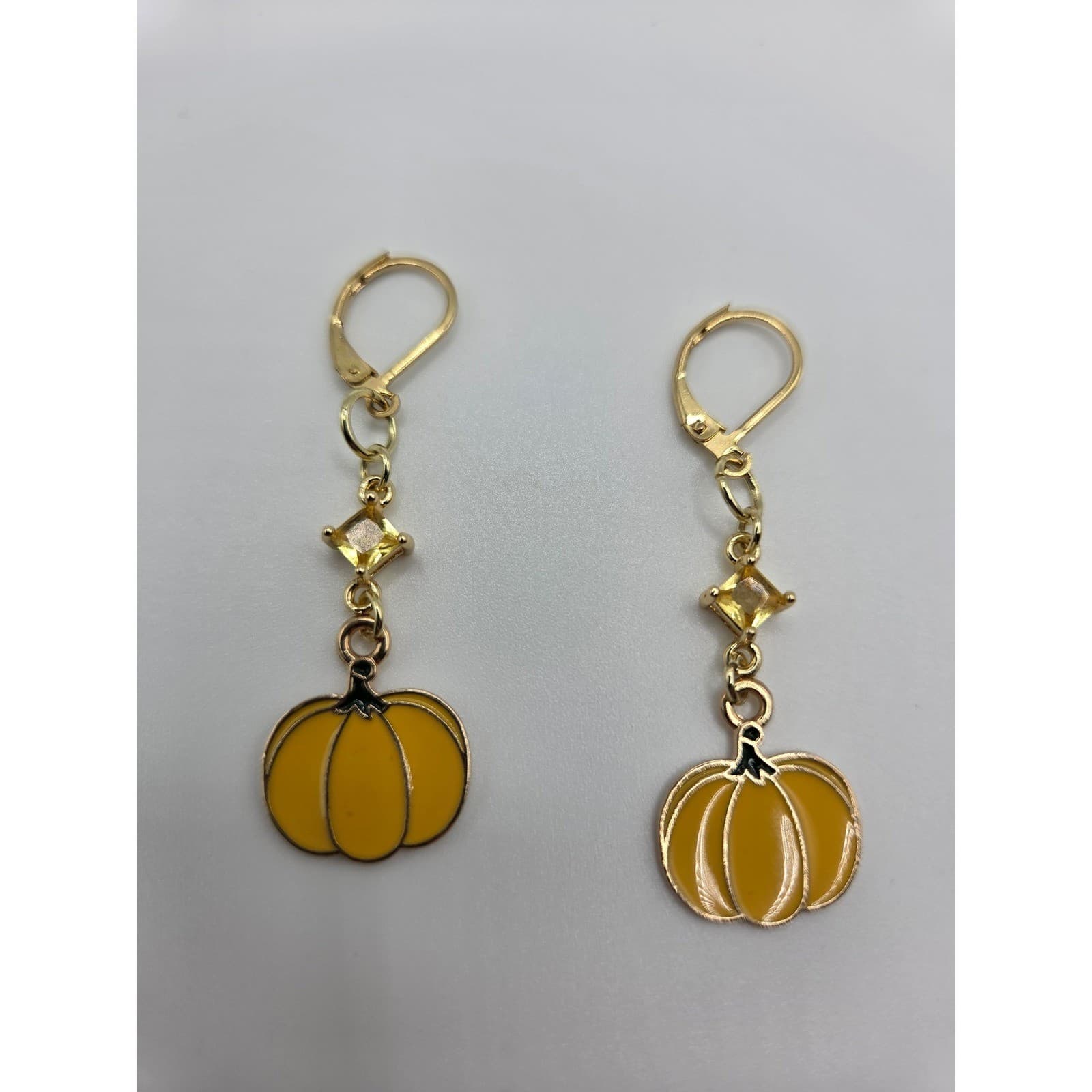 Handmade Earrings Yellow Enamel Pumpkin Gold Tone Gem Fall Leverback - Thumbnail 6