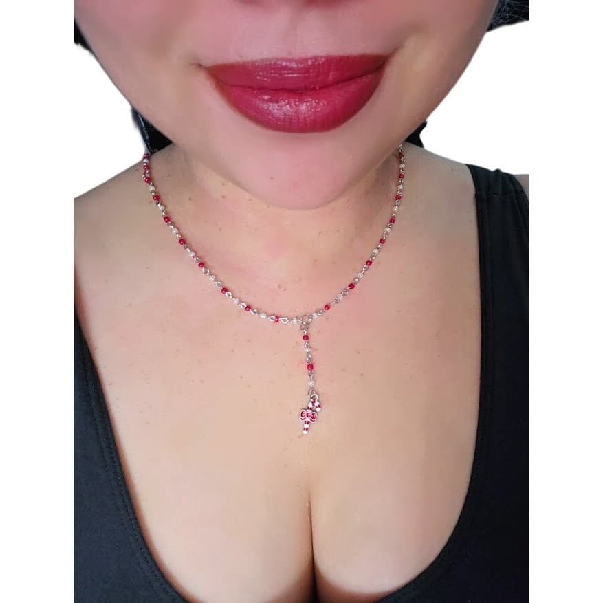 Handmade Necklace Red Faux Pearl Beaded Y-Shape Candy Cane Holiday # Festive - Thumbnail 4