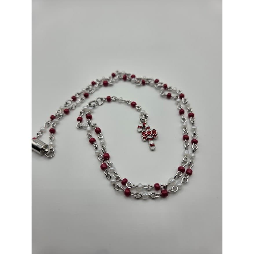 Handmade Necklace Red Faux Pearl Beaded Y-Shape Candy Cane Holiday # Festive - Thumbnail 3