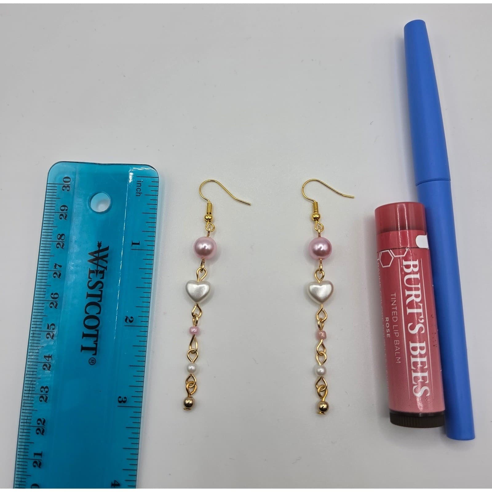 Handmade Earrings Gold Pink Faux Pearl Heart Drop Dangle Pearlcore - Thumbnail 5
