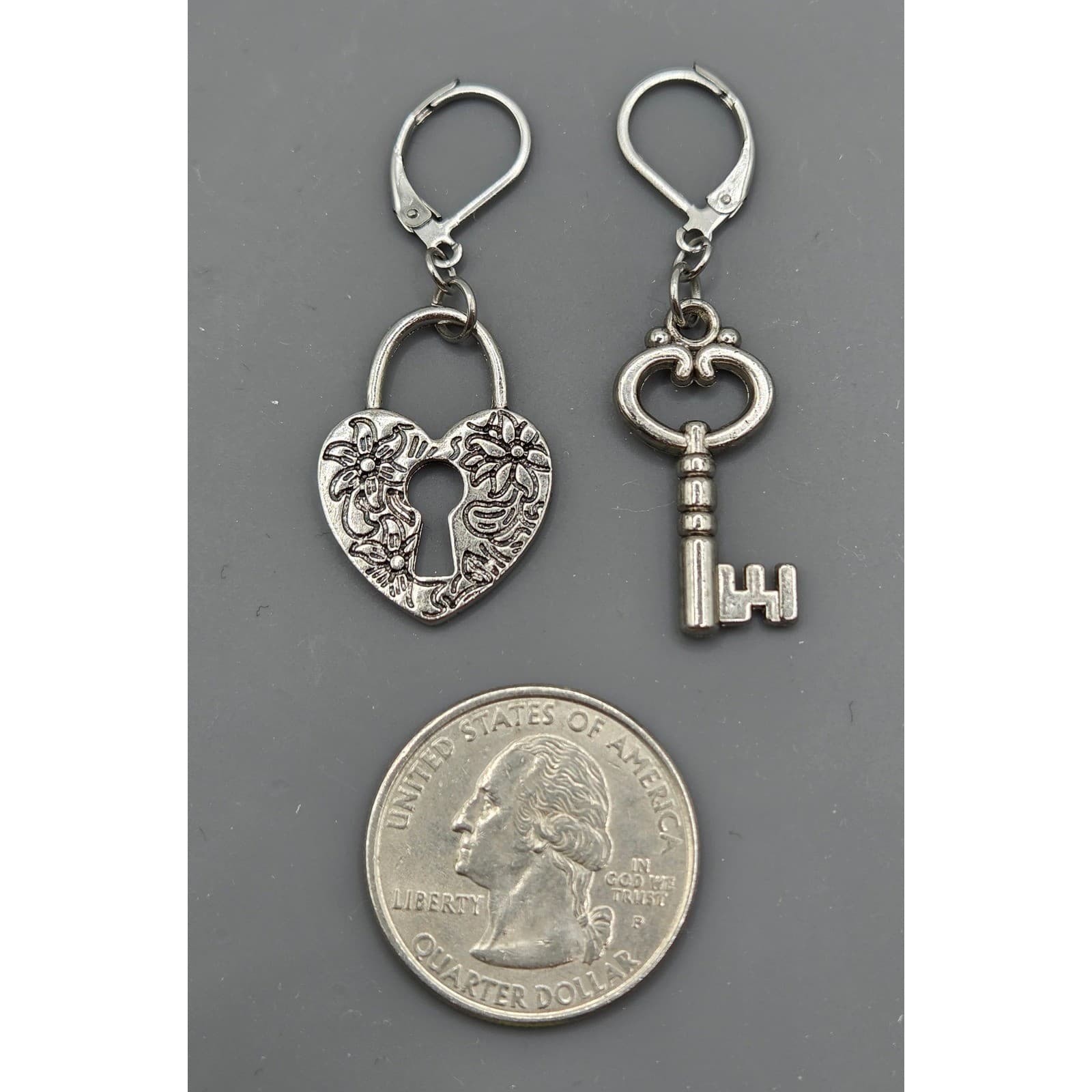Handmade Earrings Silver Tone Whimsical Heart Lock and Key Hypoallergenic - Thumbnail 6