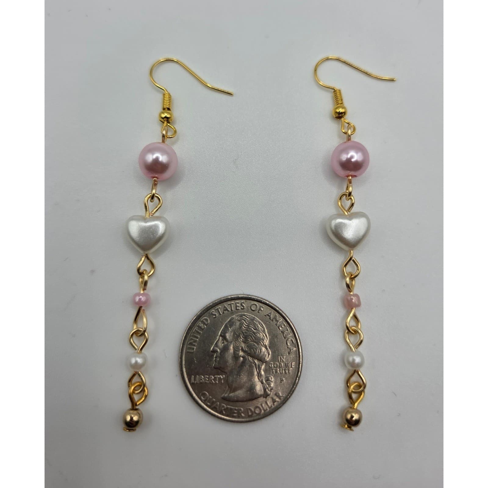 Handmade Earrings Gold Pink Faux Pearl Heart Drop Dangle Pearlcore - Thumbnail 4