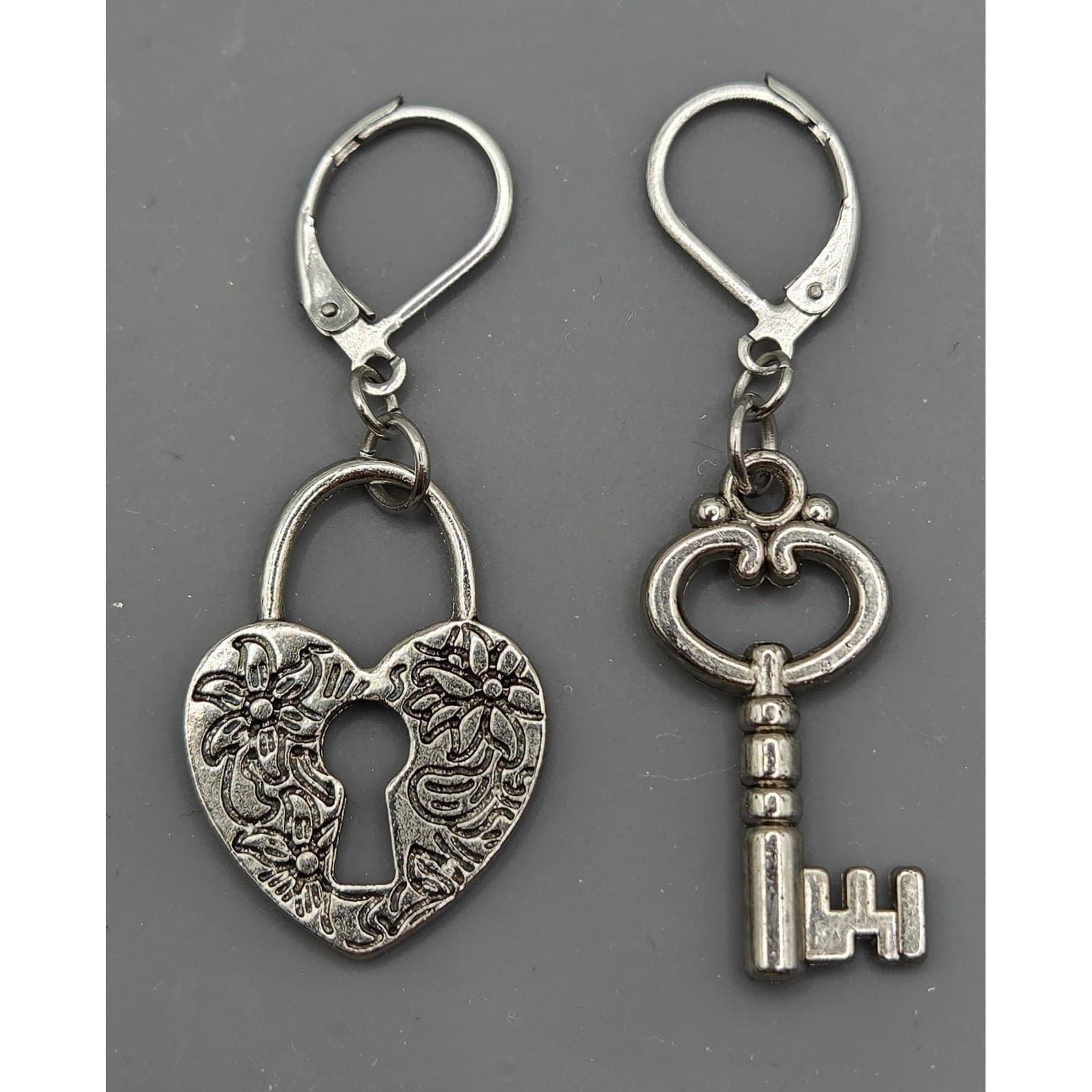 Handmade Earrings Silver Tone Whimsical Heart Lock and Key Hypoallergenic - Thumbnail 5