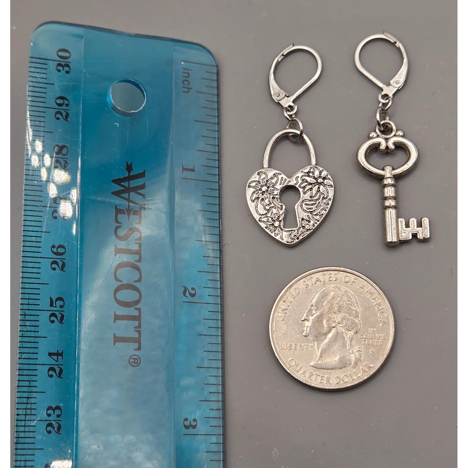 Handmade Earrings Silver Tone Whimsical Heart Lock and Key Hypoallergenic - Thumbnail 4