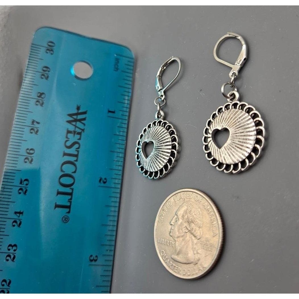 Earrings Silver Tone Heart Circle Leverback Vintage Inspired Whimsical - Thumbnail 6